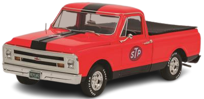 1/18 scale model of a red 1968 Chevy C-10 pickup truck with a black stripes and "STP" branding.