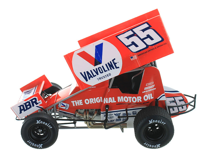 A 1/18 scale model of a red and white #55 Valvoline Alex Bowman racing sprint car with a black steering wheel and tires, featuring detailed interior and undercarriage.