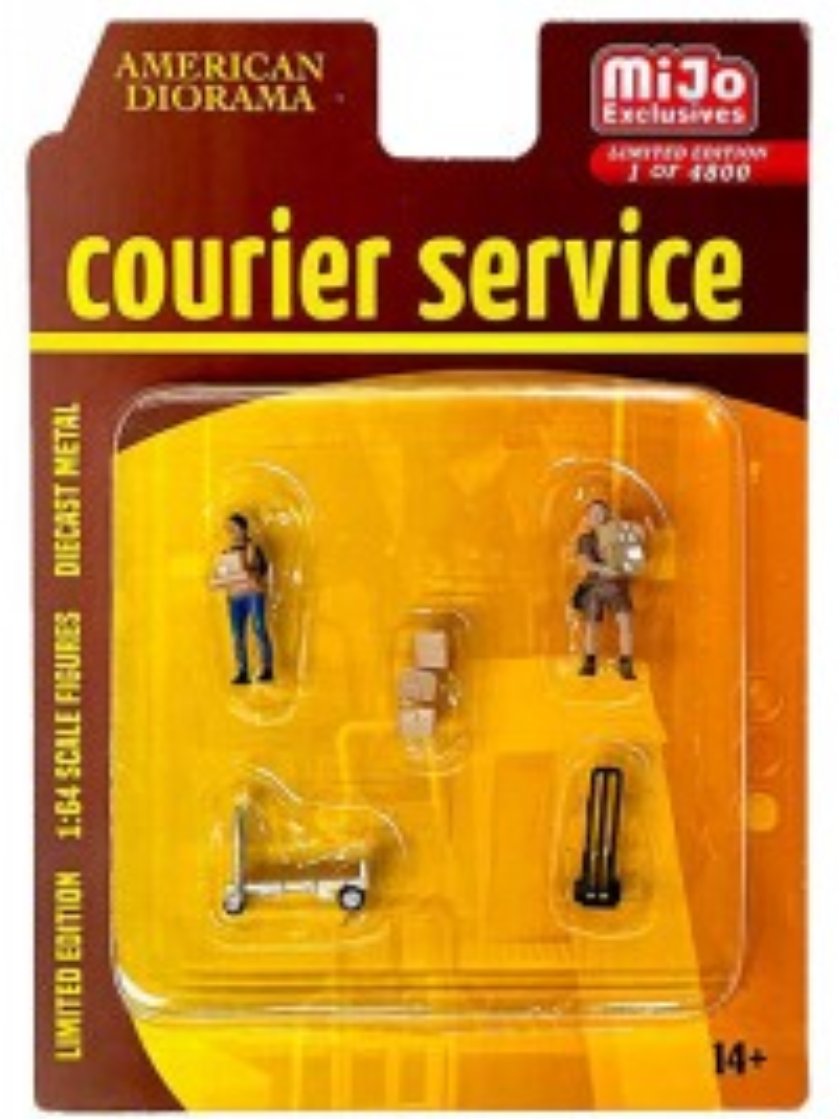 Package of courier service figures, including 2 people, a stack of boxes, and two moving dollies.