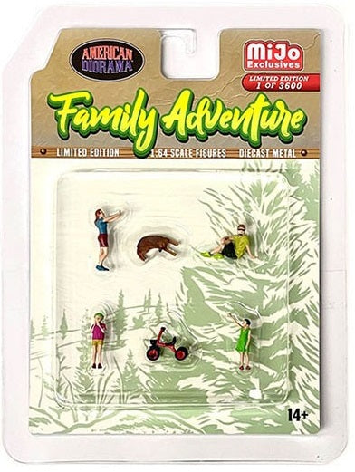 Package of 4 1/64 scale figures, dog and tricycle.