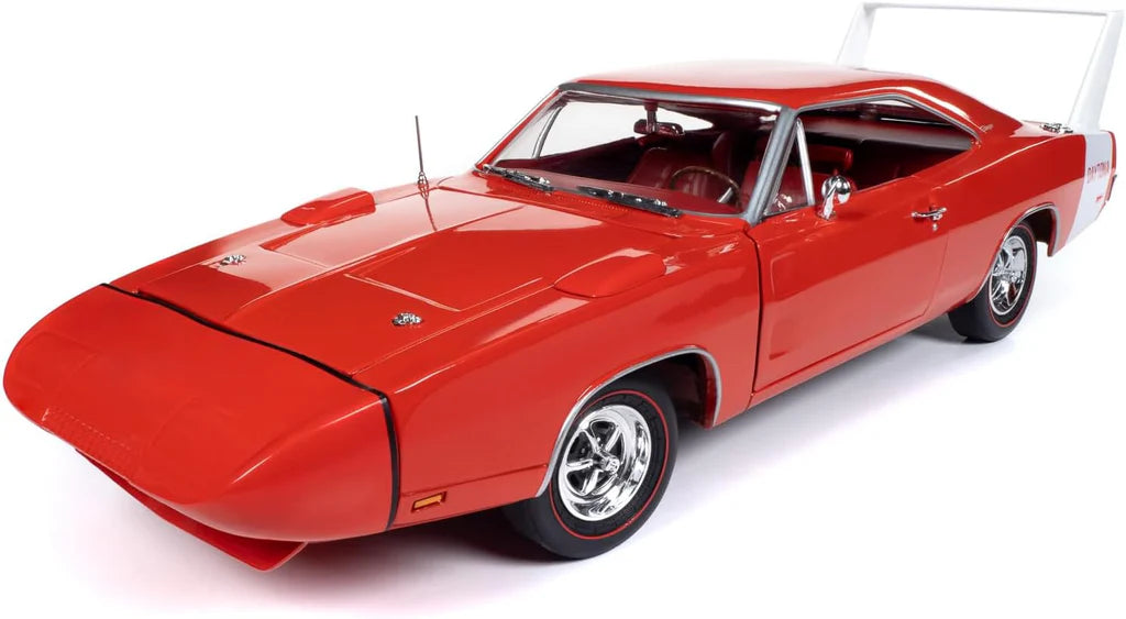 1/18 scale diecast model of a 1969 Dodge Charger Daytona red with white wing.