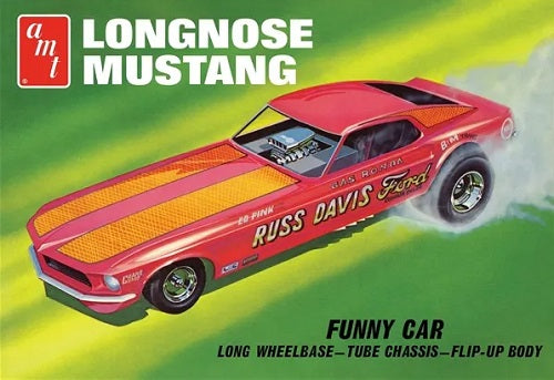 Box art for longnose Mustang Funny Car model kit.