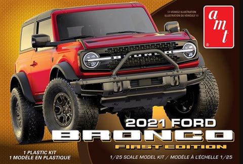 Box art for AMT 2021 Ford Bronco Model kit.  Box is orange with red Bronco 