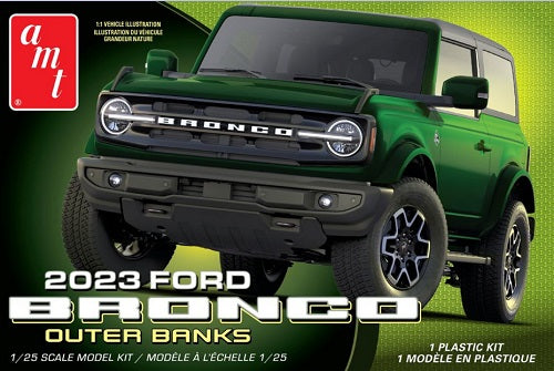 A scale model kit package of a 2023 Ford Bronco in green color.