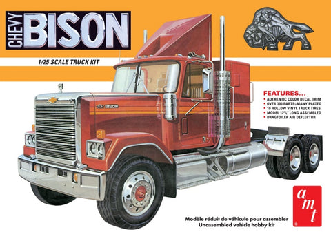 Box art for AMT Chevy Bison Model Kit.  White and orange box with red Chevy Bison Truck