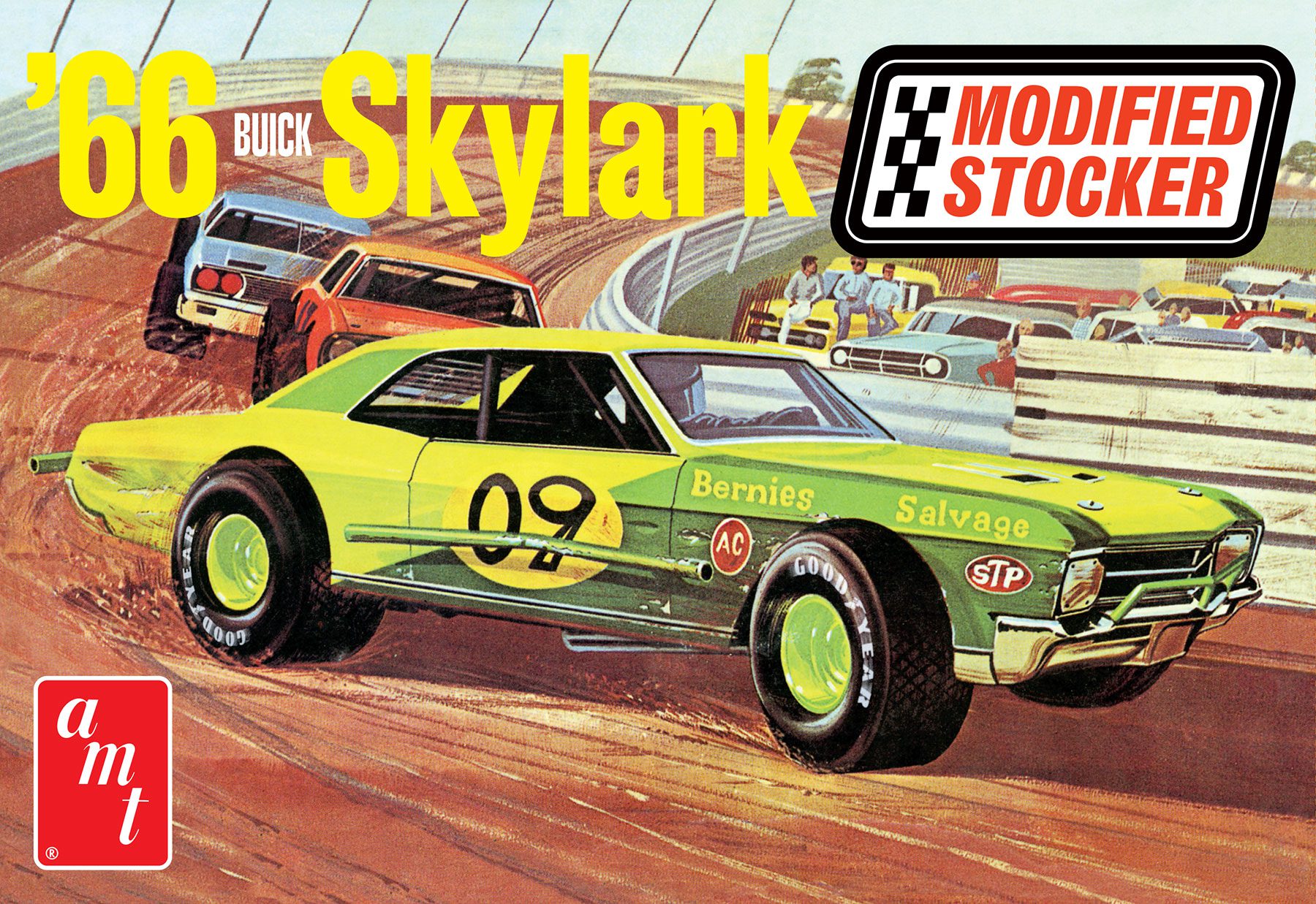 1/25 scale model kit of a yellow 1966 Buick Skylark Modified Stocker with the number 91 and 'Bernard's Modified Stockers' text, on a background that includes other race cars and the AMT brand logo.