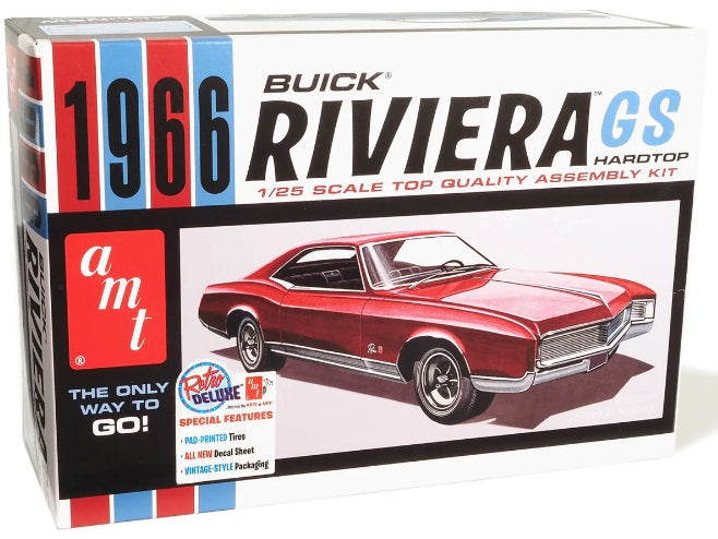 Box of a 1/25 scale model kit of a 1966 Buick Riviera GS, featuring the model car on the front and product details.