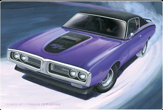 Illustration of a 1971 Dodge Hemi Charger RT in purple color with black roof, interior and details.