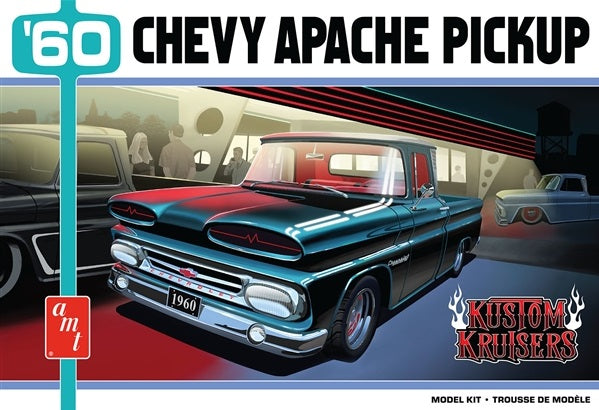 Box art for a 1/25 scale model kit of a 1960 Chevy Apache Pickup truck.