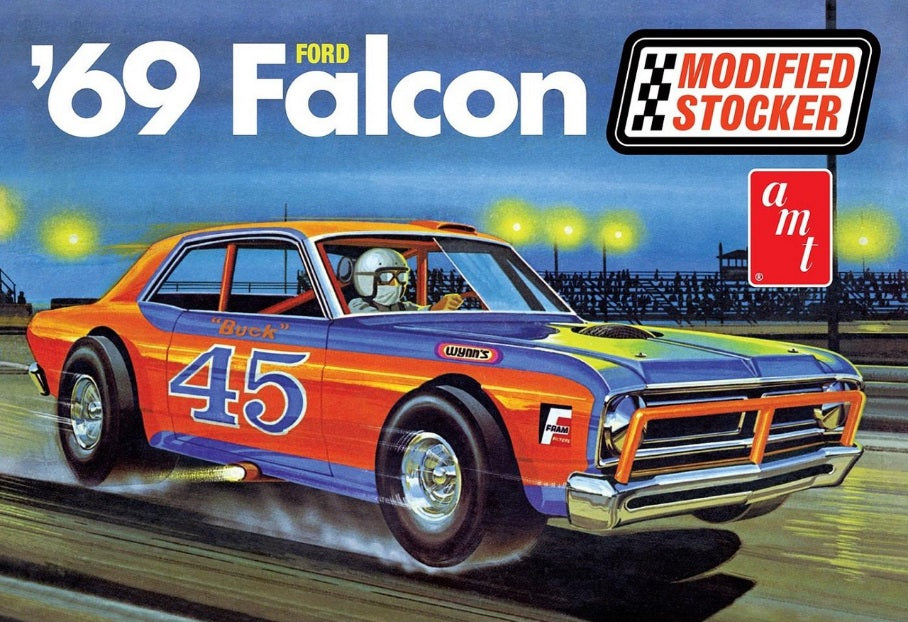 Box art for a 1/25 scale model of a 1969 Ford Falcon modified stock car with orange and blue color scheme.