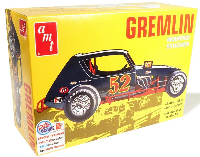 Box of a 1/25 scale model kit of a Gremlin Modified Stocker car, with the model displayed on the cover.