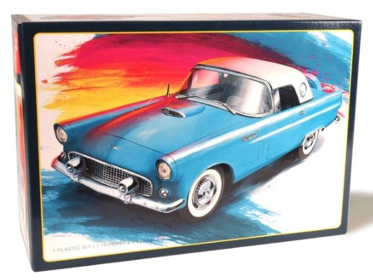A boxed 1/25 scale model kit of a 1956 Ford Thunderbird car, with a picture of the blue vehicle on the front.