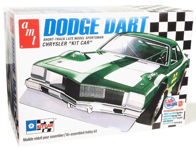 Box of a 1/25 scale model kit of a Dodge Dart Sportsman Short Track car, predominantly green with white and black accents, packaged with a checkered design on the box.