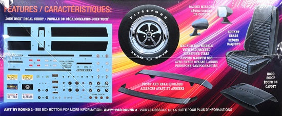 Side of package showing decal sheet, wheel and tire, car seat, mirrors, and spoiler.