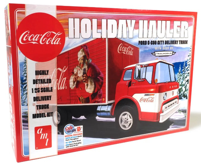 Packaging for a 1/25 scale model kit of a Ford C-600 City Delivery Truck with Coca-Cola branding.