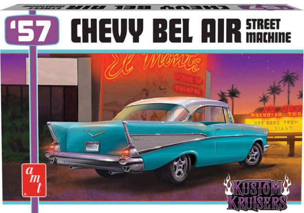 1/25 scale model kit box of a 1957 Chevy Bel Air Street Machine in blue, with AMT and Kustom Krewlers branding.