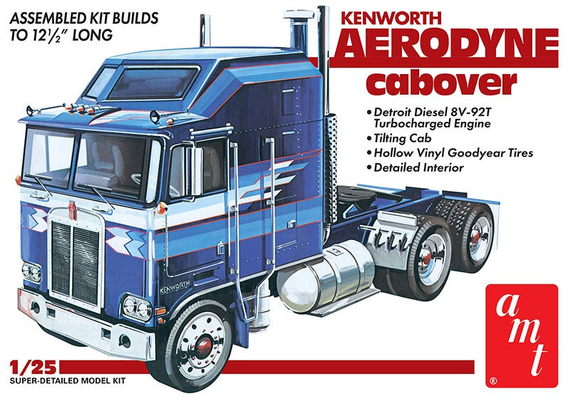 Box art for a 1/25 scale model kit of a Kenworth Aerodyne Cabover truck, predominantly blue with white and red accents