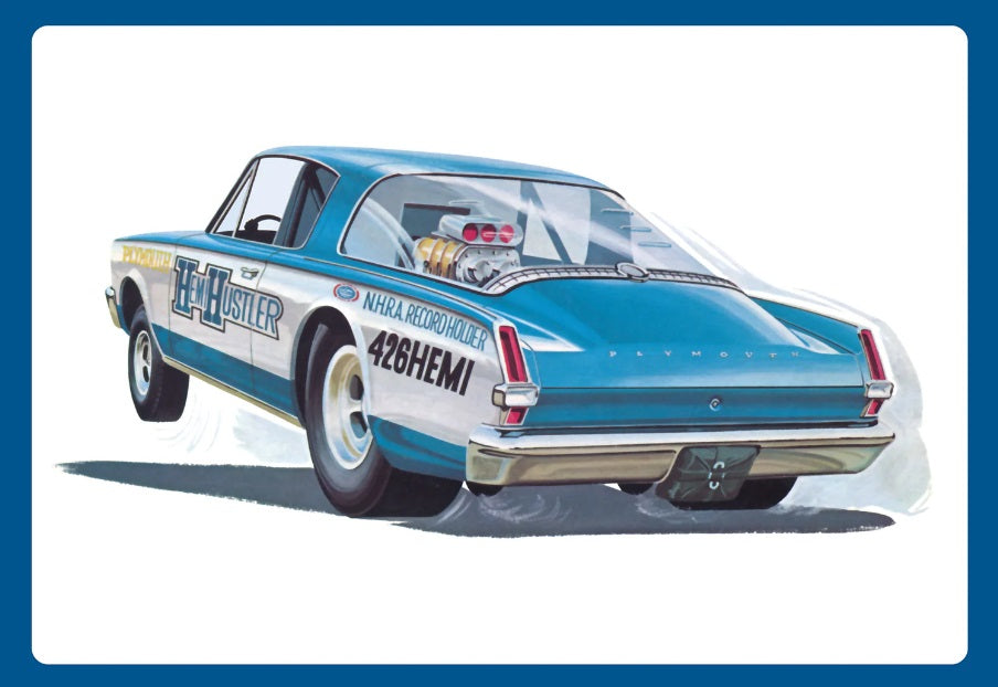 Box art for a 1/25 scale model of a blue 1966 Plymouth Barracuda Funny Car Hemi Hustler.