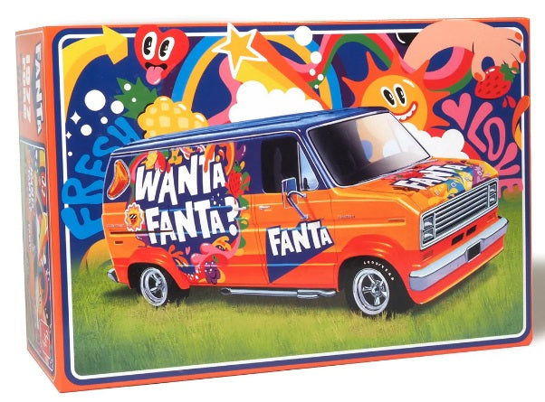 Box art for a model kit for 1977 Ford Van wiith a colorful back ground and "Wanta Fanta?" on the side of the van.