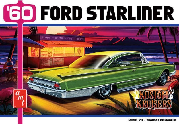 Box art for a model kit of a 1960 Ford Starliner with colorful beach background.