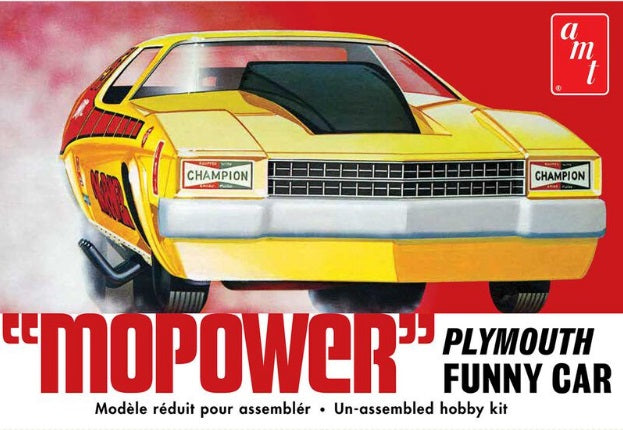 Box art for "Mopower" Plymouth Funny car model kit.
