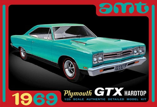 1969 Plymouth GTX Hardtop model kit with AMT branding on a black background
