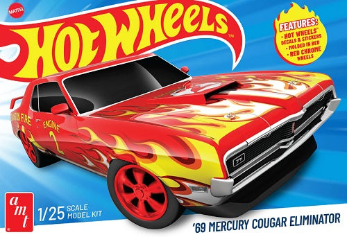 1969 Mercury Cougar Eliminator model kit box art with "Hot Wheels" branding.
