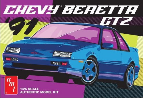 Model car kit packaging for a '91 Chevy Beretta GT2 with colorful background