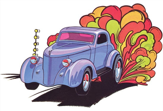 Illustration of a purple Ford Gasser with colorful smoke behind it.