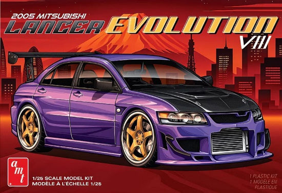 Model kit box for 2005 Mitsubishi Lancer Evolution VIII with a cityscape background