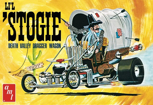 Model kit box for a 'Stogie Death Valley Hopper Wagon with a yellow background