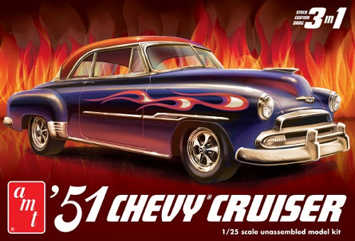 Model Kit box for 1951 Chevy Cruiser showing model car in blue with flame decals down the side and flames in the background.