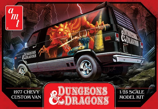 Black Van with an orange and red dragon and man with sword and lightning behind the van.