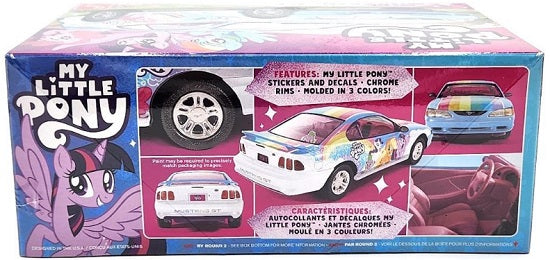 Side of box showing Ford Mustang with My Little Pony graphics on the side and close up of front, back, wheels, and interior.