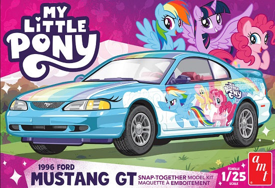 Blue Ford Mustang with My Little Pony on the side and a rainbow on the hood.