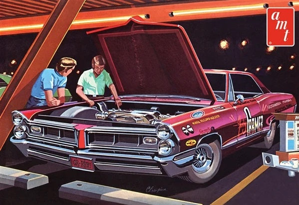 Illustrated box art of 1965 Pontiac Grand Prix with hood open and two people looking under the hood. 