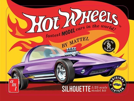Hot Wheels model car kit packaging with a purple car on a red and yellow background