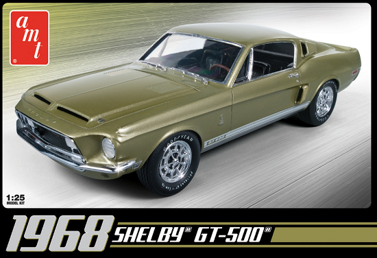 Model kit of a 1968 Shelby GT-500 on a gray background with AMT logo.