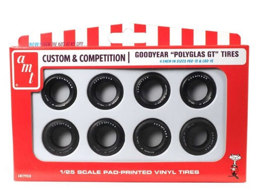 A pack of four Goodyear Polyglas GT tires in 1/24 scale, pad printed on both sides, displayed in a red and white striped blister pack.