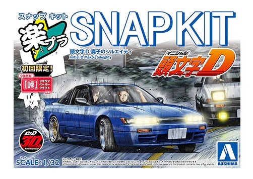 Model Kit packaging showing an illustrated blue car and "SNAP KIT" in large font.