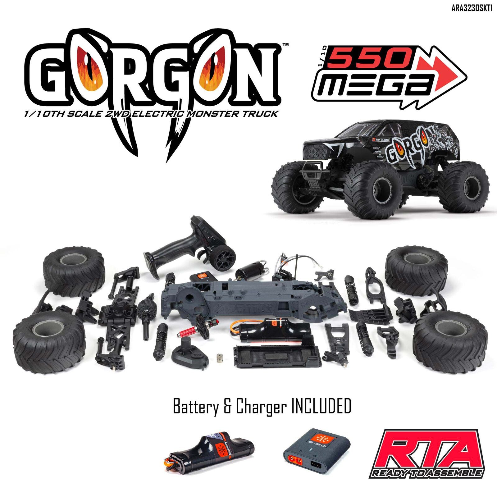 1/10 GORGON 2WD RTA Kit Brushed Monster Truck (Battery & Charger Included), Gun Metal