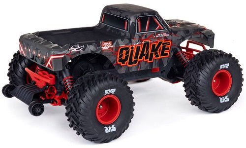 Remote control monster truck with red and gray body.