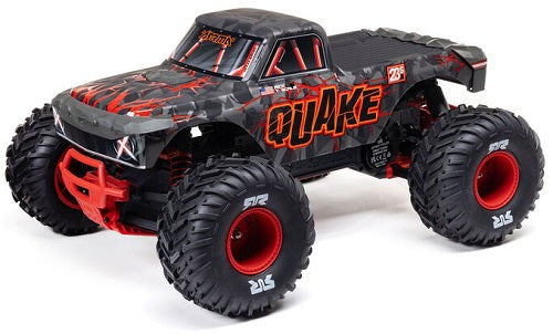 Remote control monster truck with red and gray body.