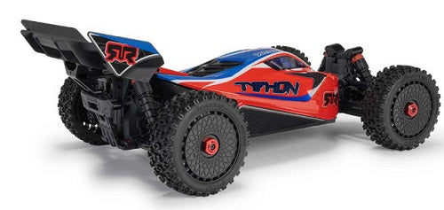 Red and black remote control car with "Typhon" on the side.