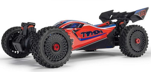 Red and black remote control car with "Typhon" on the side.