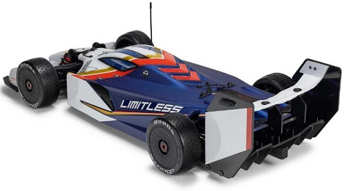 aRRMA Limitless Remote control car with blue and white body.