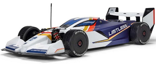 aRRMA Limitless Remote control car with blue and white body.