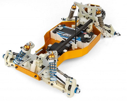 RC car chassis without a body or wheels.