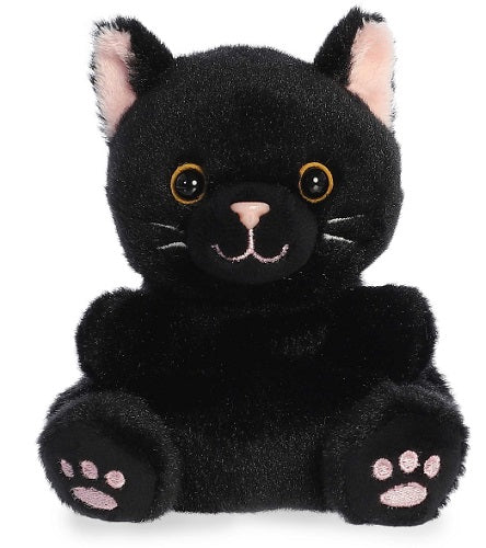 Black plush toy cat with pink paw pads on a white background