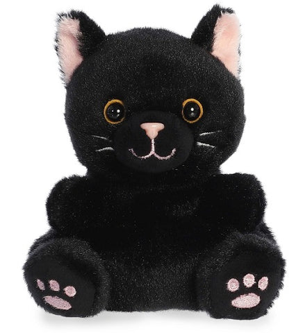 Black plush toy cat with pink paw pads on a white background